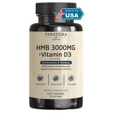 HMB 3000mg and Vitamin D3 Supplement Capsules per Serving *USA Made & Tested*...