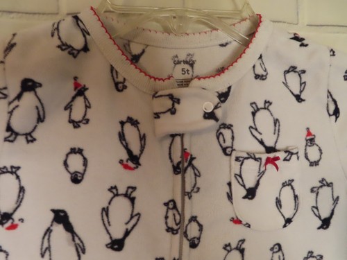 Unisex Zip Up Footed Fleece Pajama One Piece Size 5T White PENGUINS - Picture 3 of 3
