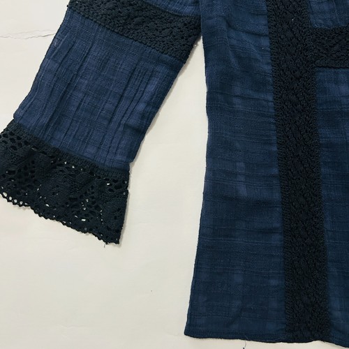 Vintage Free People Navy Blue Square neck Crochet Button Down bouse shirt boho - Picture 8 of 15