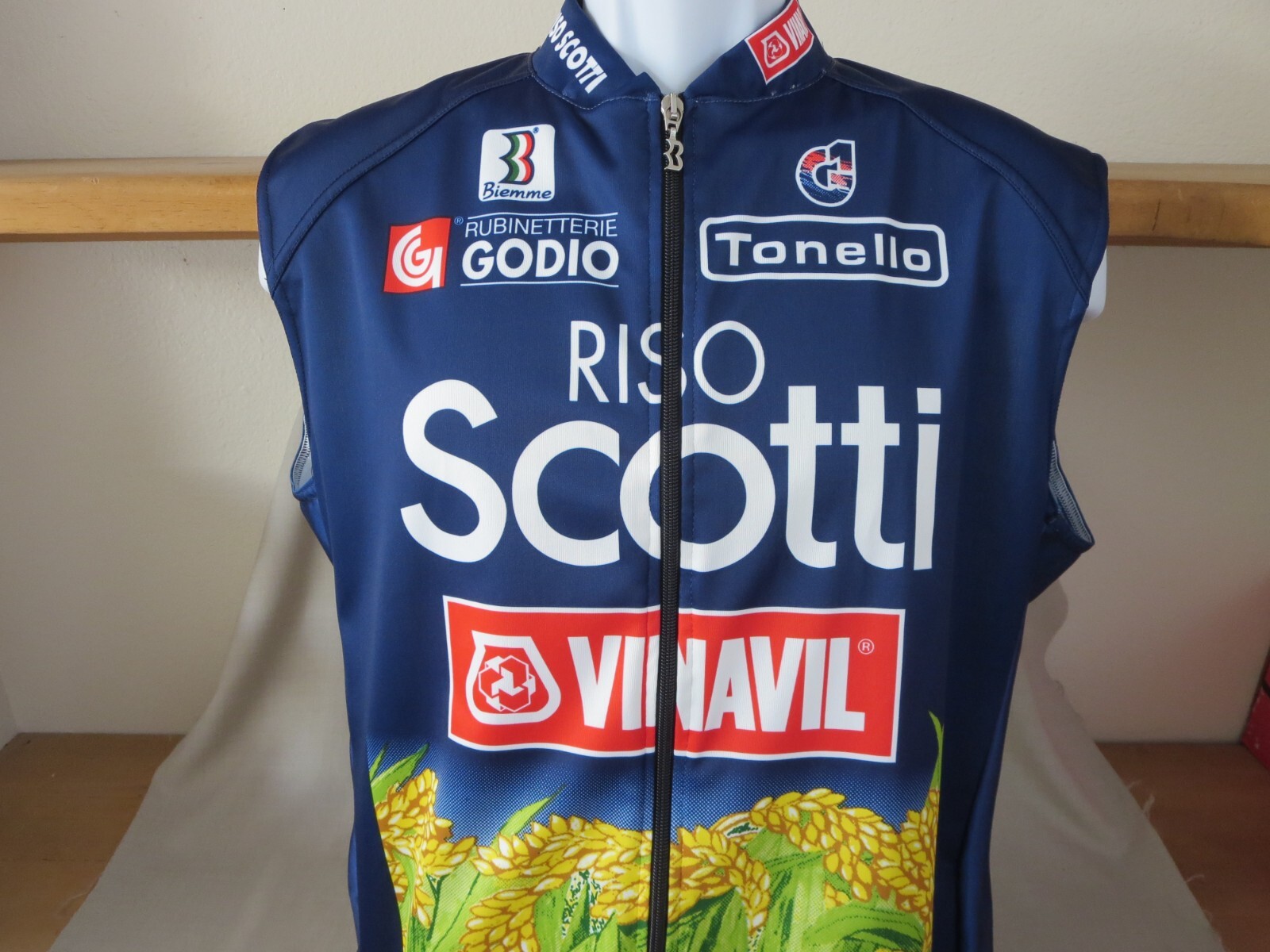 Gilet Cycliste Vintage Biemme Team Riso Scotti - Taille XL, Bleu, Coupe-vent, Neuf Sans étiquette