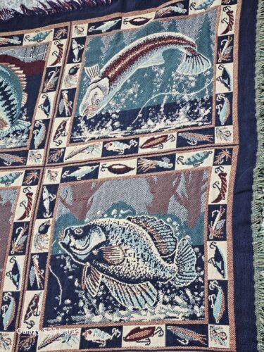 Goodwin Weavers Fishing Throw Blanket Fisherman Lures Tapestry 100% Cotton USA - Picture 4 of 13
