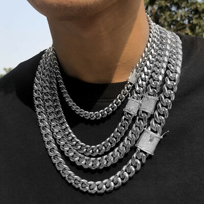 #ad #ad Solid Stainless Steel Necklace Cuban Link Chain For Men Iced out CZ Clasp 8 14MM $38.32