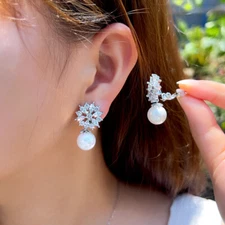Women Silver Plated Cubic Zirconia Snowflake Pearl Dangle Clip On Party Earrings