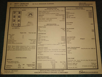 1977 CADILLAC 425 V-8 ENGINE SUN TUNE-UP CHART USEFUL DEVILLE ELDORADO BROUGHAM
