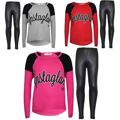 Kinder Mädchen Instaglam bedruckt Trendy Top & Mode Legging Set Alter Neu 7-13 Jahre
