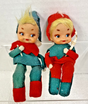 Pair Vintage Japan Tag Felt Hard Plastic Face Elf Pixie Children Ornaments