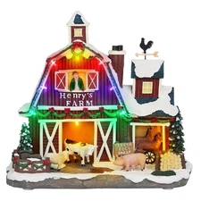 LED Lighted Musical Farmhouse Christmas Village - 10.4" Farm Barn, Large Chri...