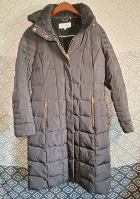Calvin Klein Women's Hooded Warm Puffer Coat Extra long Black & Gold Sz Medium 