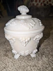 Jeannette Vintage Pink Milk Glass Candy Dish with Grape Pattern and Footed Lid