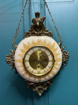 Victorian Brass 8 Day Jeweled Wall Clock w/ Chain Germany No Key