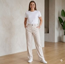 Vintage 70s Womens 36 inch Waist Plaid Wide Leg Cropped Pants Beige Metropolitan