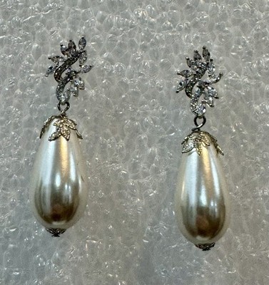 Silver Tone And Cz Top Earrings With Hanging White Pearls About 2  Long Handmade