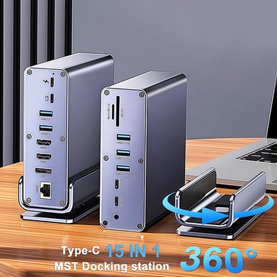15 in 1 Docking Station 2 Monitors with 2 HDMI SD/TF RJ45,USB3.2 10Gbps 100W PD