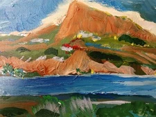 original art painting Abstract Landscape Acrylic Canvas Board 5x7 River & Butte