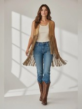 Fringed Suede-Look Open Vest in Camel Boho Chic