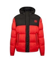 HUGO BOSS Mens Black & Red Full Zip Hooded Puffer Jacket Size Small BNWT