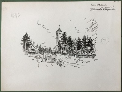 Kirche Maria Hilf in Geretsried   Original-Tusche-Zeichnung, K. S. Bauer-Oltsch