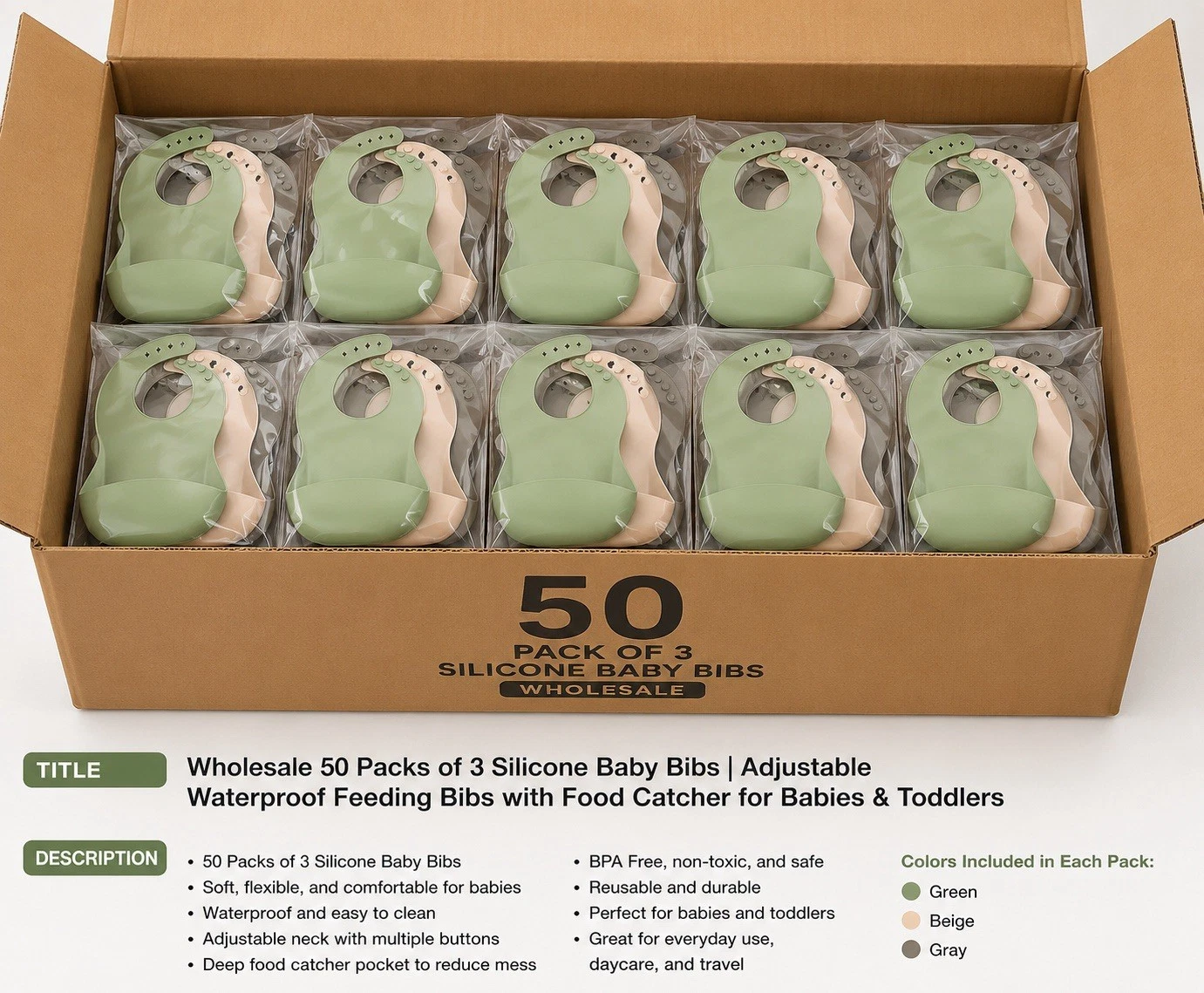 Wholesale Packs Of 3 Silicone Baby Bibs Waterproof Adjustable Feeding Bibs
Opens in a new window or