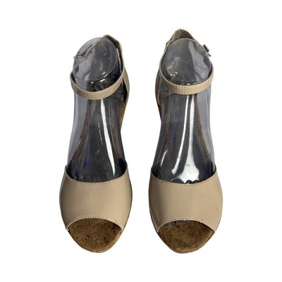 Fergalicious Beige Patent Peep Toe Cork Wedge Sandals Size 9