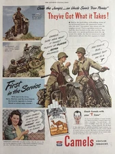1944 Camels Cigarettes WWII Motorcycle Soldiers Tobaccos Service VTG Print Ad