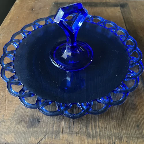 Vintage 10 Inch Serving Plate Cobalt Blue Lace Edge Design W/Handel
