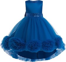 Girls Princess Dress with Sequin Waist and Bow Floral Pom-Pom Hem