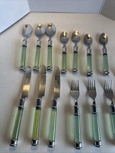 Vtg Cambridge Acrylic Lucite Green Handle Flatware With Silver Tone Trim 14 Pcs