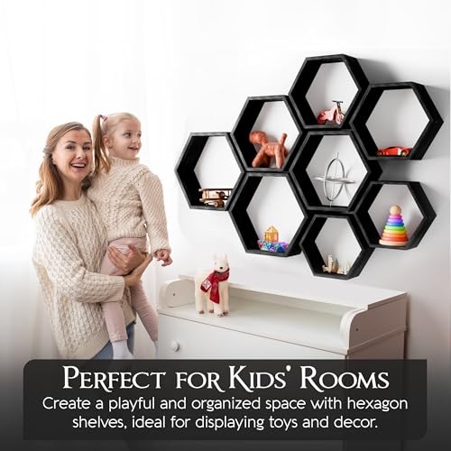 Hexagon Floating Shelves Set of 8 Honeycomb Shelves for Wall, Wooden Hexagon - Picture 4 of 8