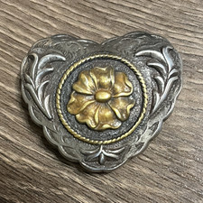 Vintage Silver Tone Heart Floral Belt Buckle w/ Gold Tone Flower Accent