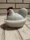 Vtg Westmoreland Milk Glass Chicken Hen on Nest 4.5"x5.5" Red Comb  Candy Dish