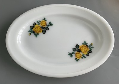 Vintage Phoenix Opalware Milchglas große ovale Servierplatte gelbe Rose sehr guter Zustand