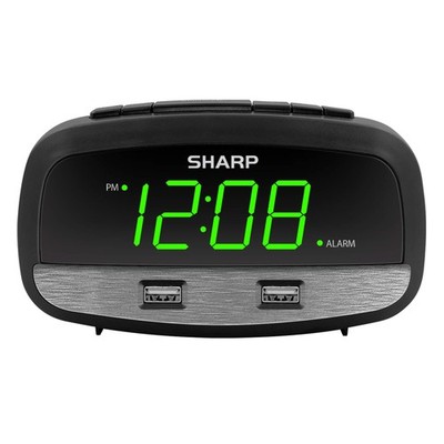 Sharp Digital Clock with Alarm and Dual USB FastCharge Small, Green Led