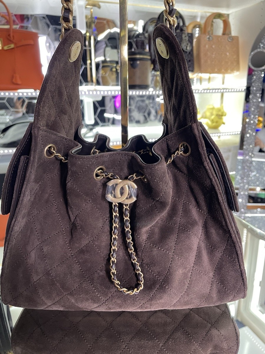 New 25 CHANEL Brown Suede Small Hobo Tote 25k Bag Antique  display picture 2