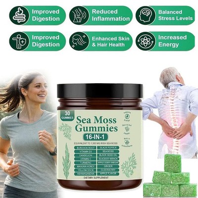Sea Moss Gummies 16-in-1, Sea Moss Blend with Black Seed Oil-Green Apple Flavor