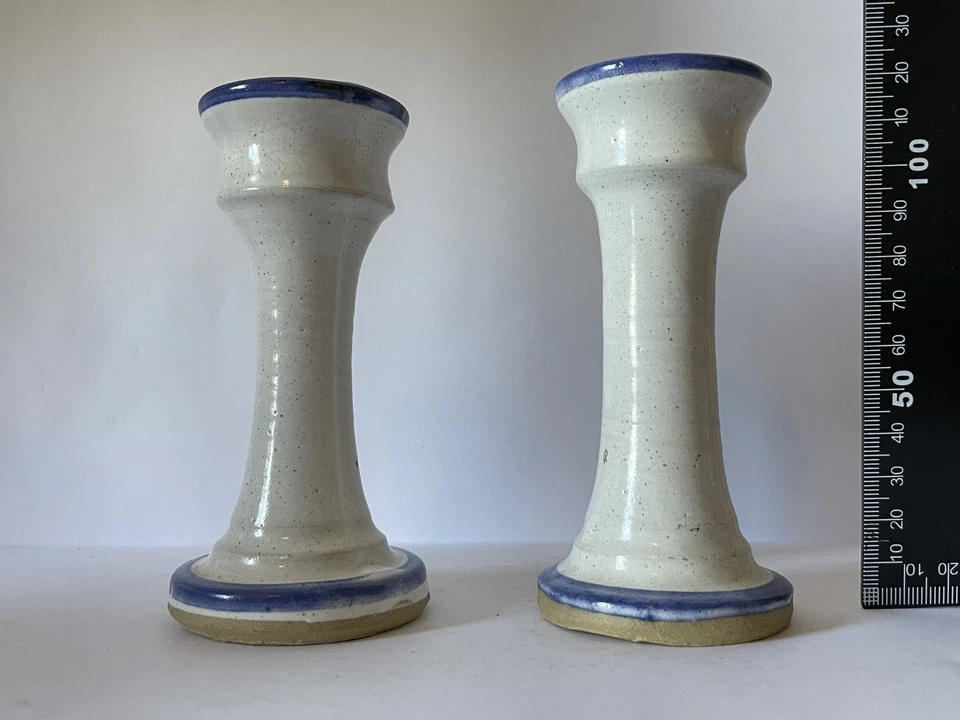 2 Rare Unusual Studio Art Pottery Chamber Candlestick Blue White Stoneware China - Image 3 of 4
