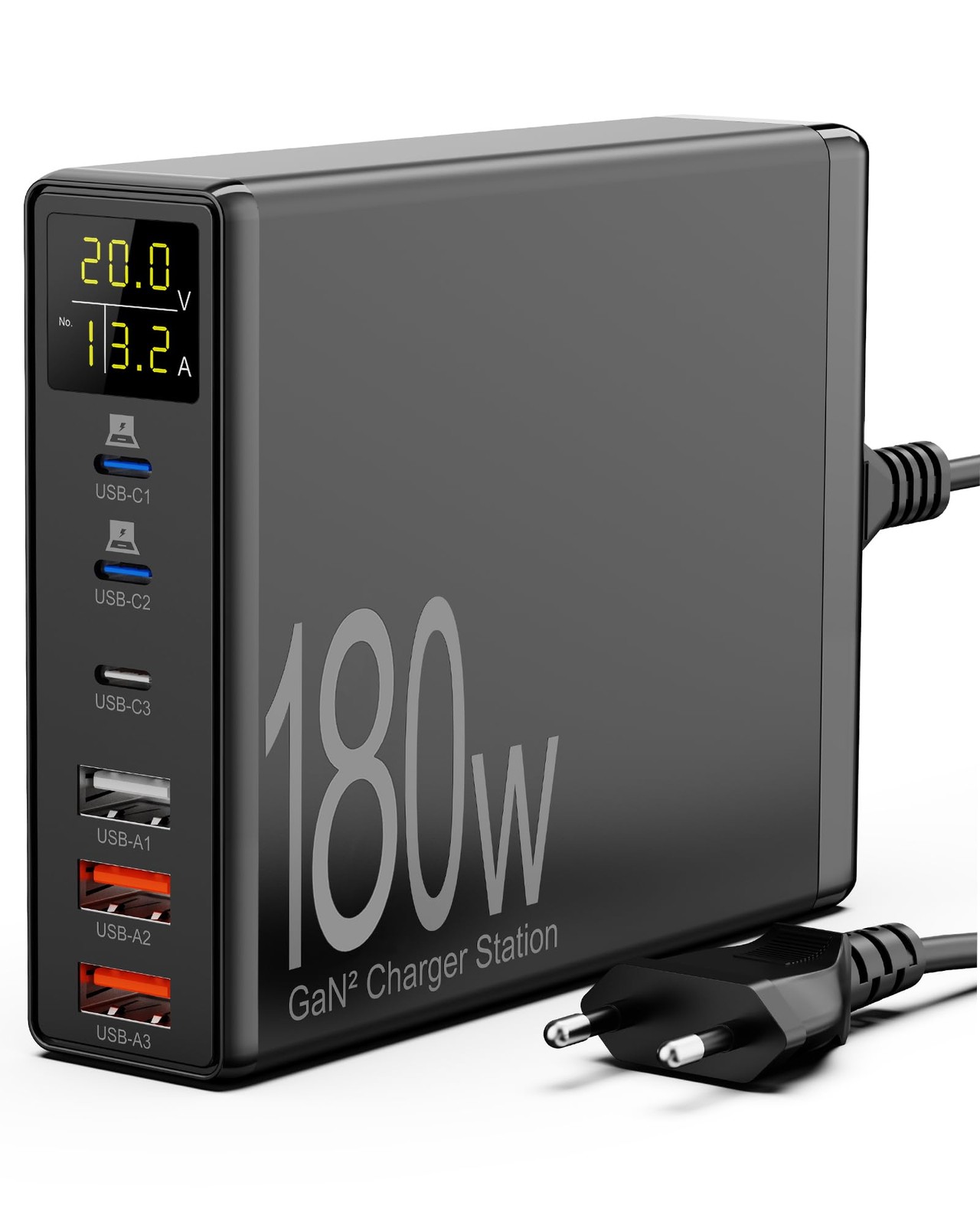 Station de Charge Premium 180W GaN 6-Ports Finition Carbone et Écran LCD
