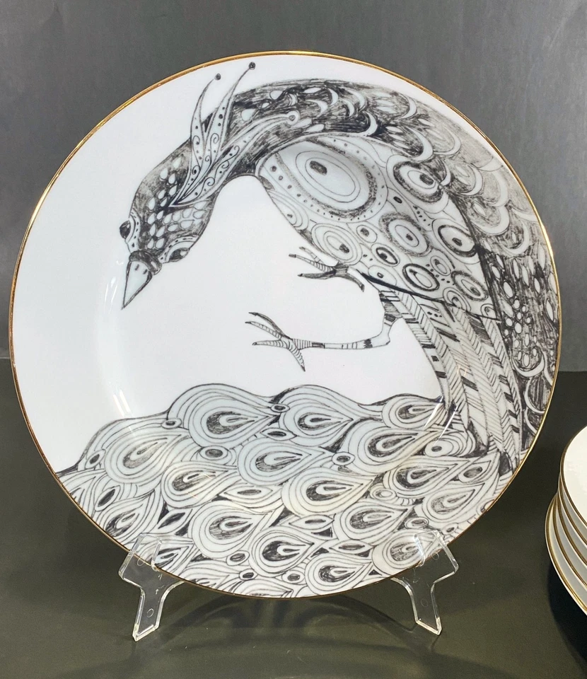 Juego de 6 platos de cena Anthropologie Peacock blanco y negro, borde dorado 10", Foto 2 de 4