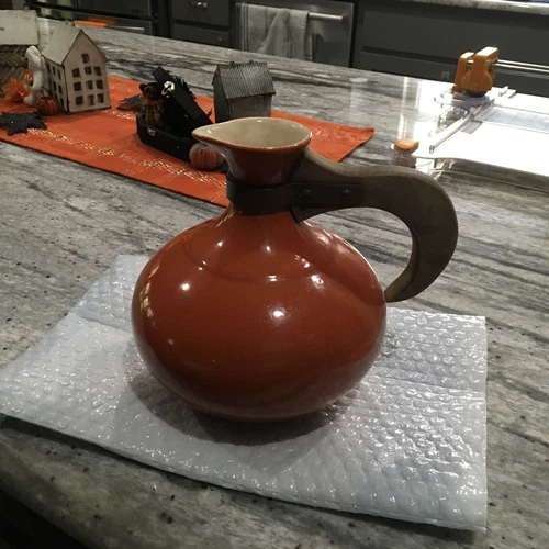 Antique REDWING Uranium Red (Orange)  Carafe with Wood Handle, Marked "565"