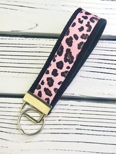Key Fob Hand Made/ Pink leopard print/ Black cotton webbing/ wristlet