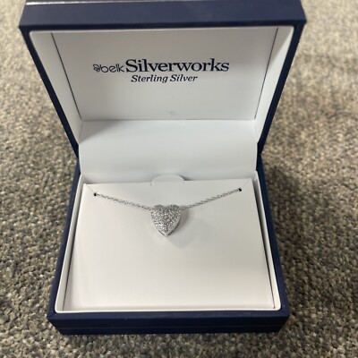 Belk Silverworks Necklace - Sterling Silver Heart 0.5  Pendant Faux Diamond NEW