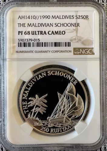 1990 Maldives 250 Rufiyaa NGC PF68 Ultra Cameo "The Maldivian Schooner"