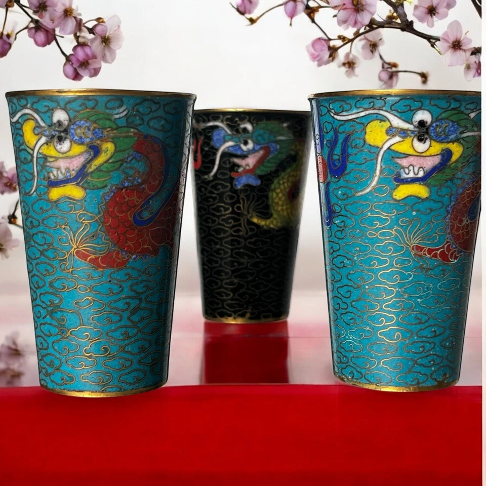 Vintage Chinese Cloisonne Cups Shot Glass Beakers Asian Dragons Lot of Five Qing - Image 2 of 4