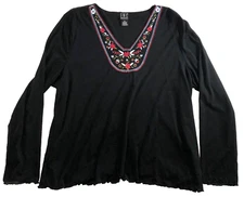 INC International Concepts Womens Blouse Size 3X Black Floral Embroidered V-Neck