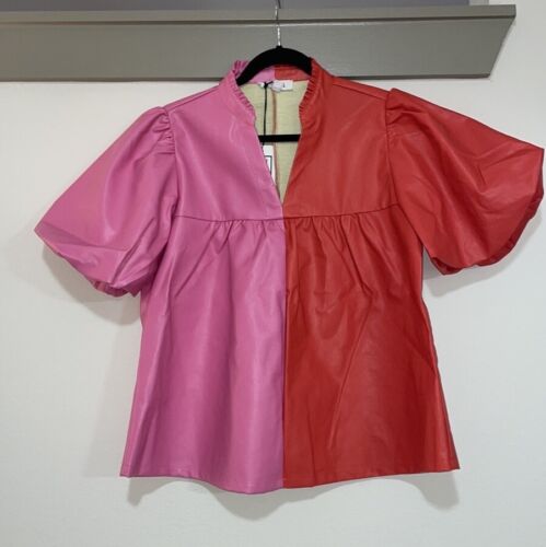 Haut manches bouffantes en simili cuir rose/rouge Colorblock THML taille S neuf avec étiquette - Photo 2/6
