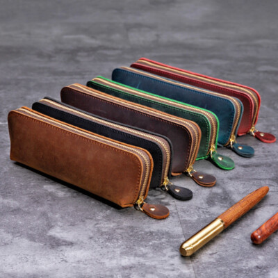 Handmade Cowhide Leather Vintage Zipper Pen Pencil Case Stationery Storage  Bag