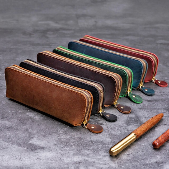 Handmade Cowhide Leather Vintage Zipper Pen Pencil Case Stationery Storage Bag Handmade Cowhide Leather Vintage Zipper Pen Pencil Case Stationery Storage Bag