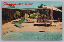 Postcard California Red Bluff Flamingo Motor Hotel AAA Pool Chrome B638