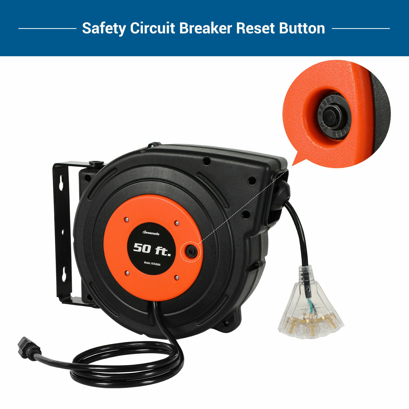 DEWENWILS Retractable Extension Cord Reel 50 FT Heavy Duty Power Cord 3