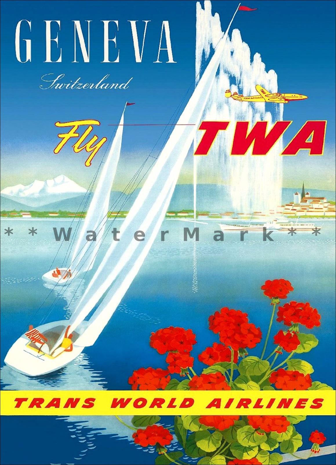 Geneva Switzerland 1948 Lake Geneva TWA Airline Travel Vintage Poster Print