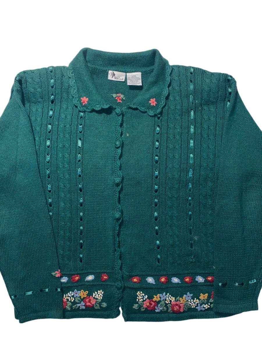 VTG New Look Forest Green Floral Embroidered Knit Button Up